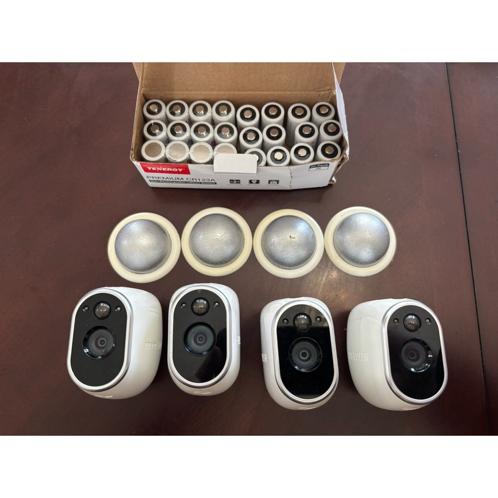 4 Arlo VMC3030 HD Wireless Add-On Security Cameras, With Mounts & 28 Batteries